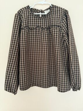 Crewcuts Black and Brown Checked Ruffle Yoke Blouse